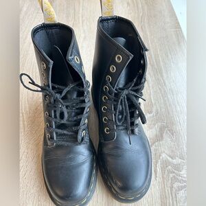 Dr. Martens Black Leather Lace-Up Boots with Yellow Stitching Accents